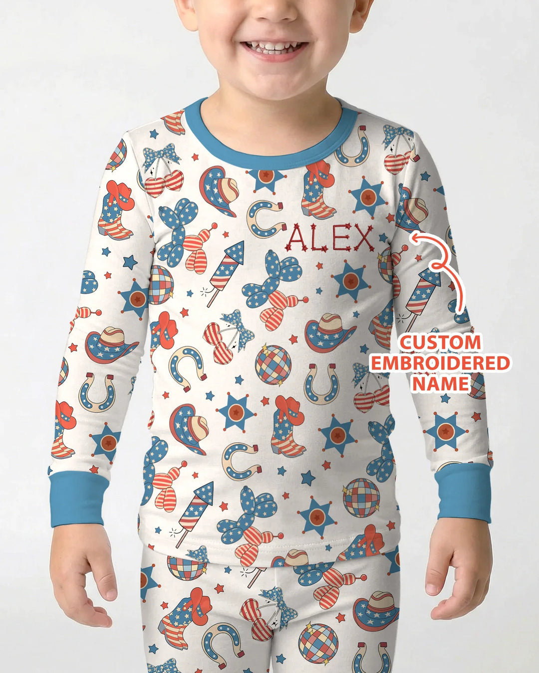 Custom Name Embroidered Howdy 4th Of July Bamboo Two Piece Long Sleeve Pajama Set