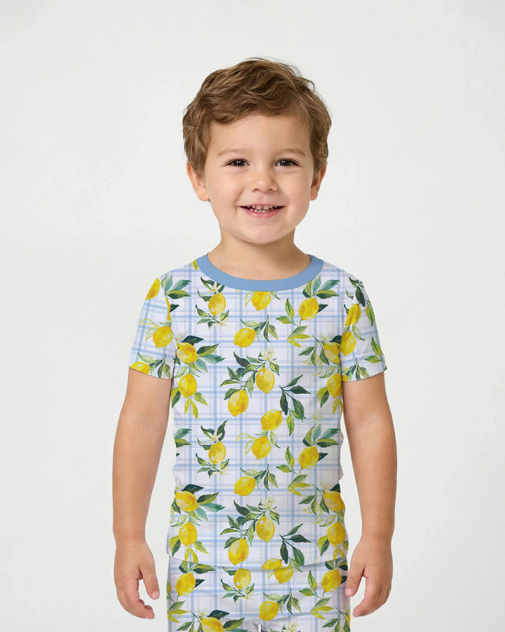 Conjunto de pijama de dos piezas de bambú de manga corta a juego familiar Limones Mediterráneos