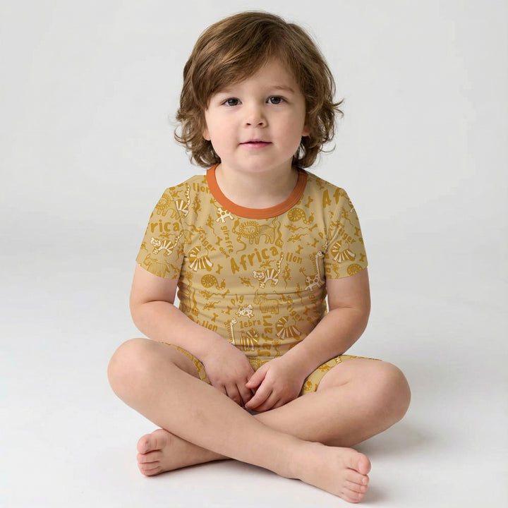 Handdrawn African Animals Two Piece Short Sleeve Shorts Pajama Set