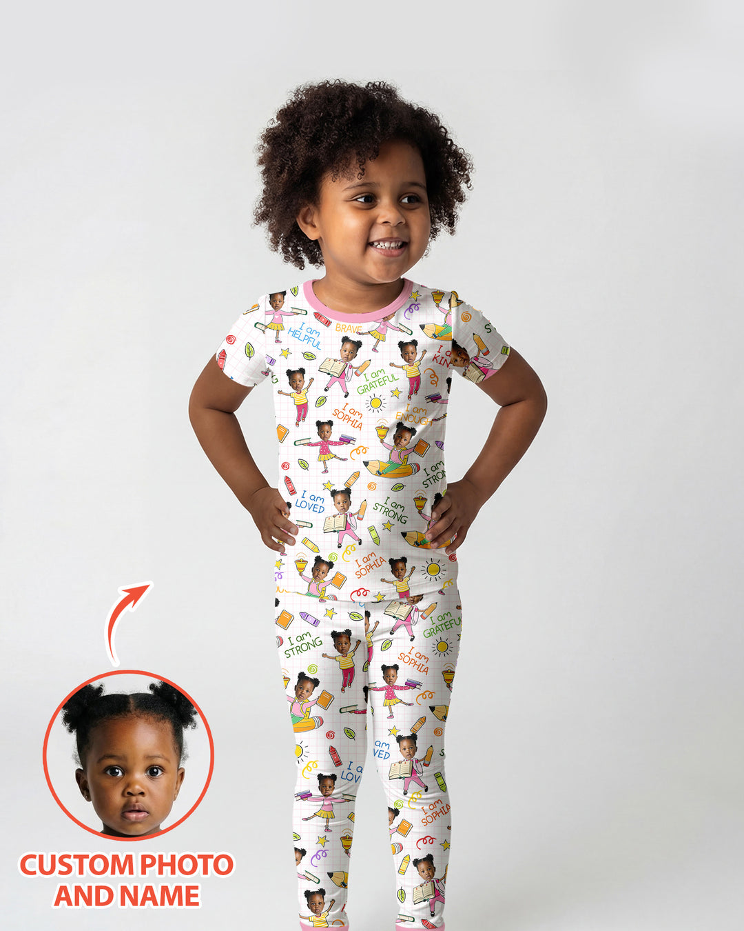 Custom Photo Kid Affirmations I Am Kind Bamboo Two Piece Short Sleeve Pajama Set