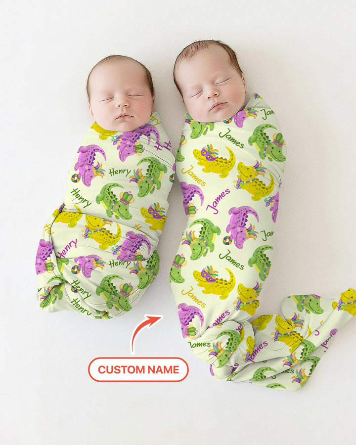 Custom Name Mardi Gras Alligator Swaddle Blanket