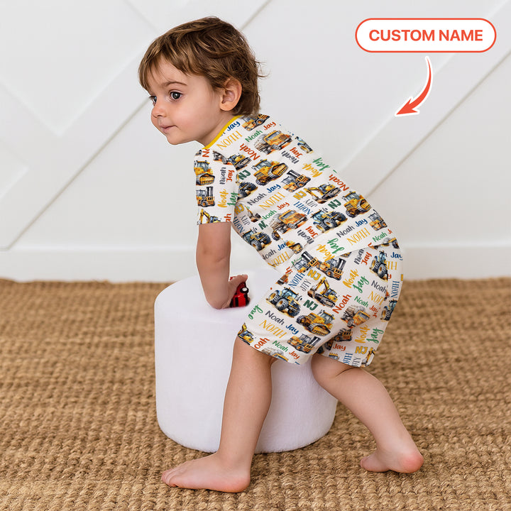 Custom Name Construction Trucks Two Piece Short Sleeve Shorts Pajama Set