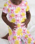 Pink Lemons Bows Checkered Bamboo Two Piece Short Sleeve Pajama Set
