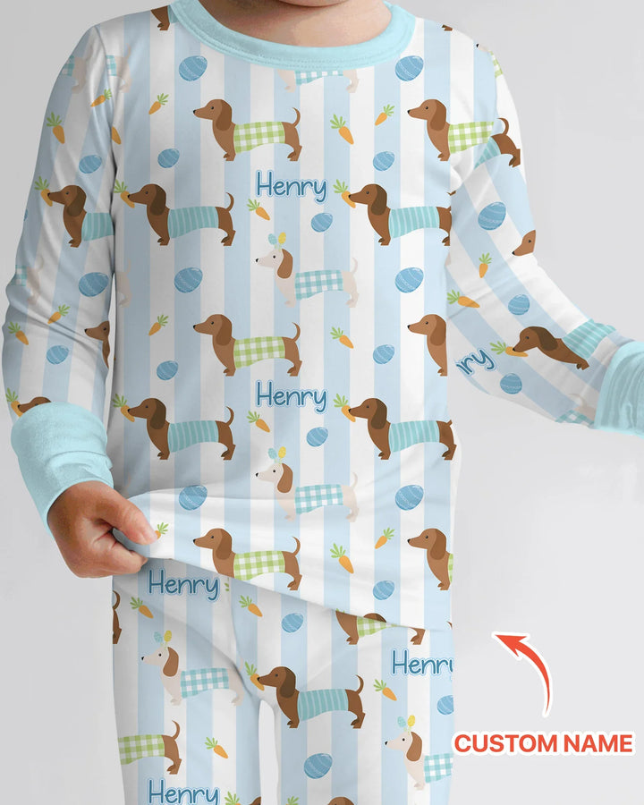 Custom Name Easter Dachshunds Family Matching Two Piece Long Sleeve Pajama Set