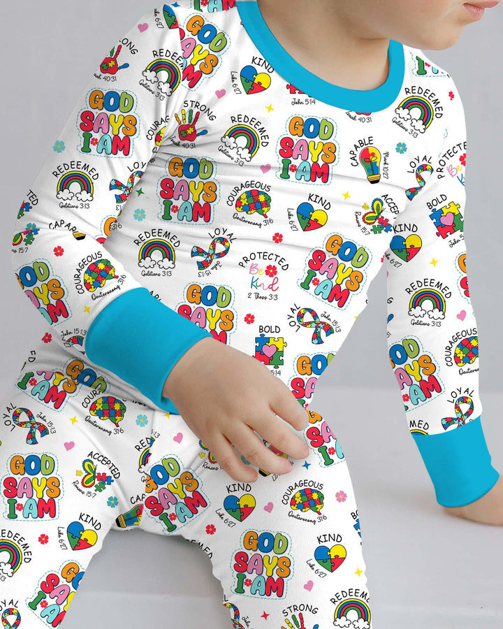God Says I Am Autism Awareness Bamboo Two Piece Long Sleeve Pajama Set