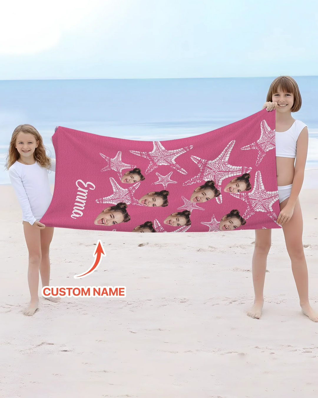 Custom Photo Starfish With Names Bamboo Beach Towel