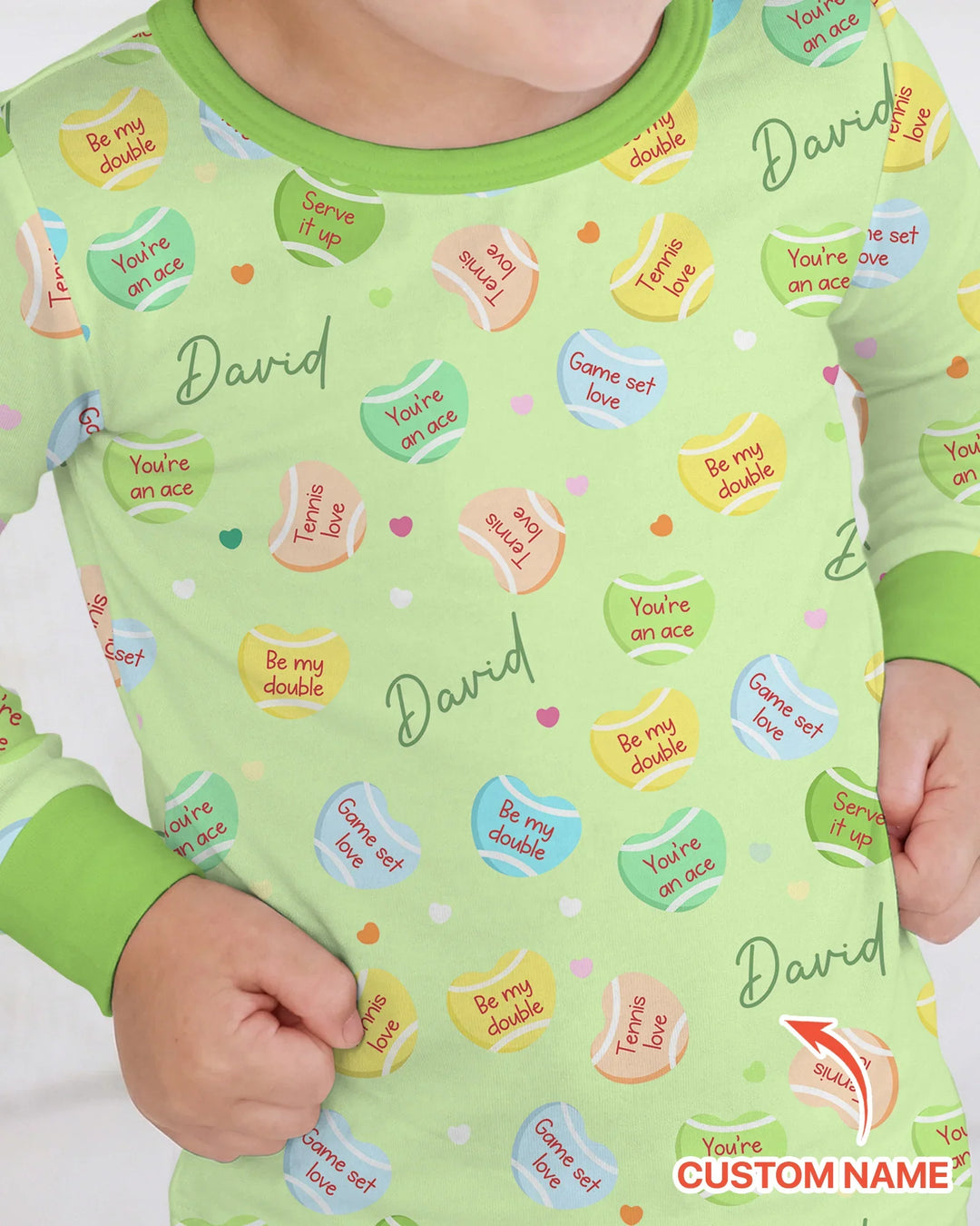 Custom Name Tennis Candy Hearts Bamboo Two Piece Long Sleeve Pajama Set