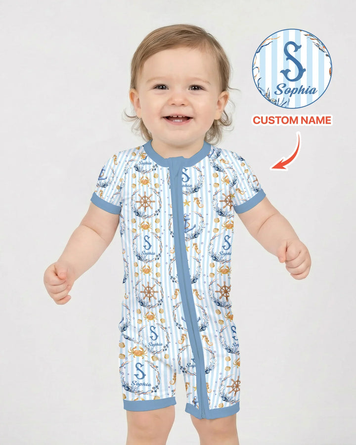 Bon Voyage - Pijama corto de bambú con cremallera y nombre personalizado