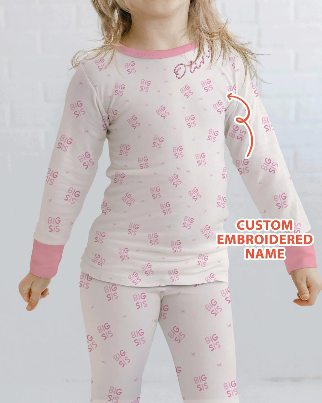 Conjunto de pijama de dos piezas de bambú con mangas largas y nombre bordado a medida para hermana mayor