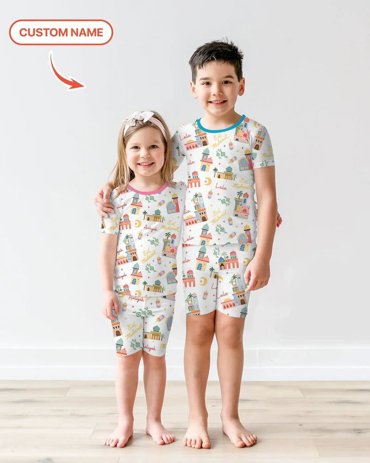 Eid Mubarak Custom Name Two Piece Short Sleeve Shorts Pajama Set