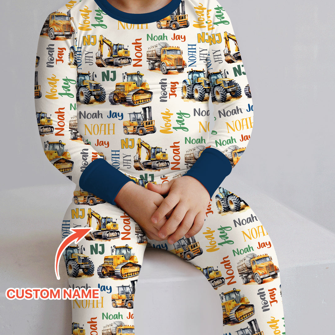 Custom Name Construction Trucks Two Piece Long Sleeve Pajama Set