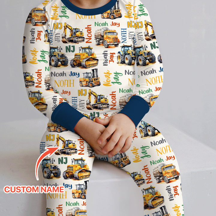 Custom Name Construction Trucks Two Piece Long Sleeve Pajama Set