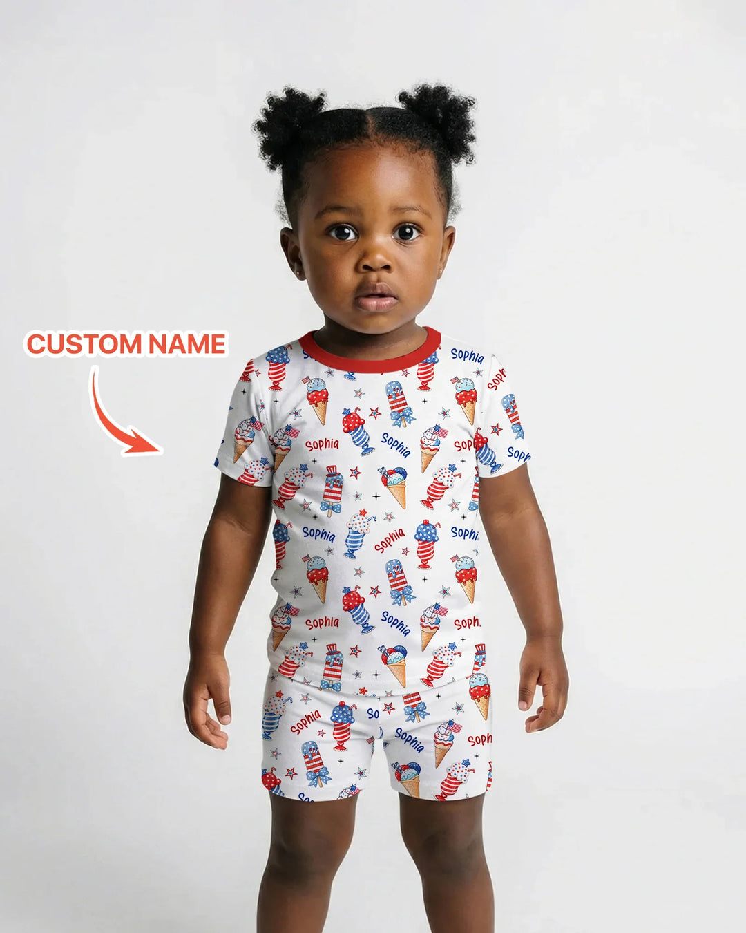 Custom Name Red, White & Ice Cream Bamboo Two Piece Short Sleeve Shorts Pajama Set