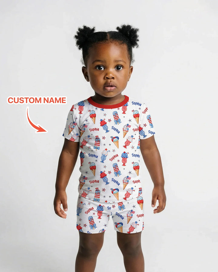 Custom Name Red, White & Ice Cream Bamboo Two Piece Short Sleeve Shorts Pajama Set