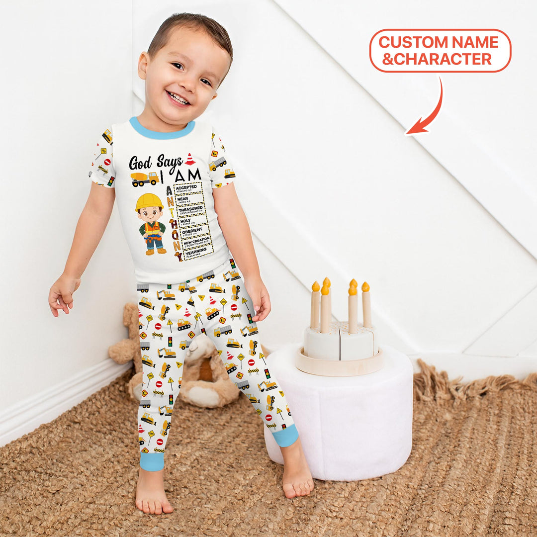 Custom Name God Says I Am Little Builder Letter in Bible Two Piece Short Sleeve Pajama Set