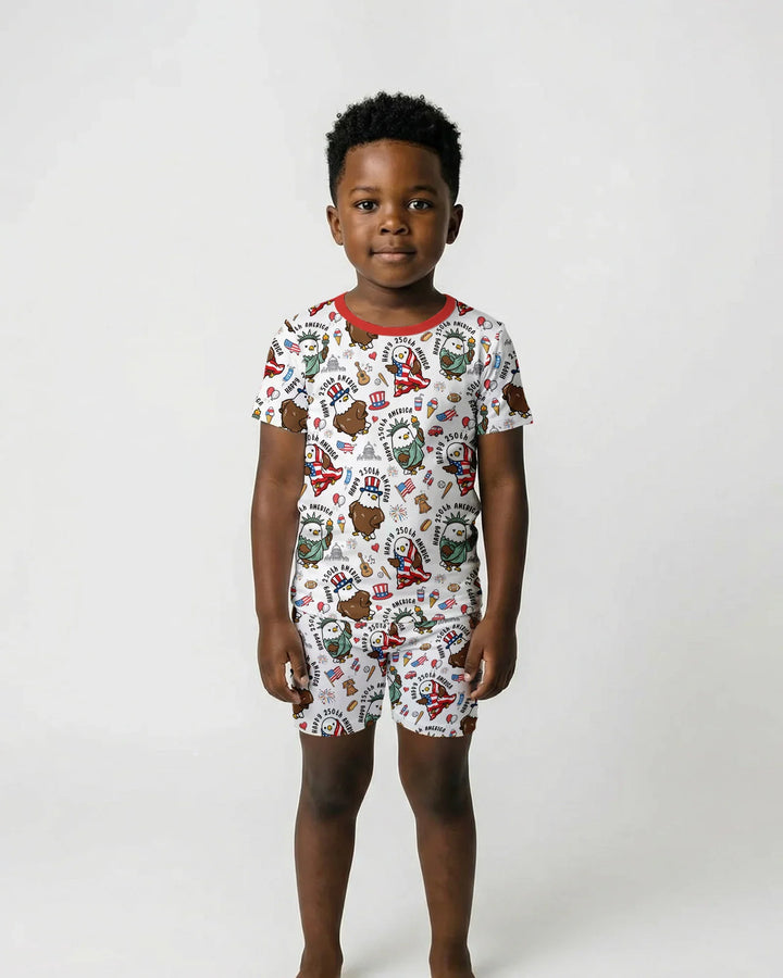 Happy 250th America Cute Patriotic Eagles Family Matching Bamboo Two Piece Short Sleeve Shorts Pajama Set