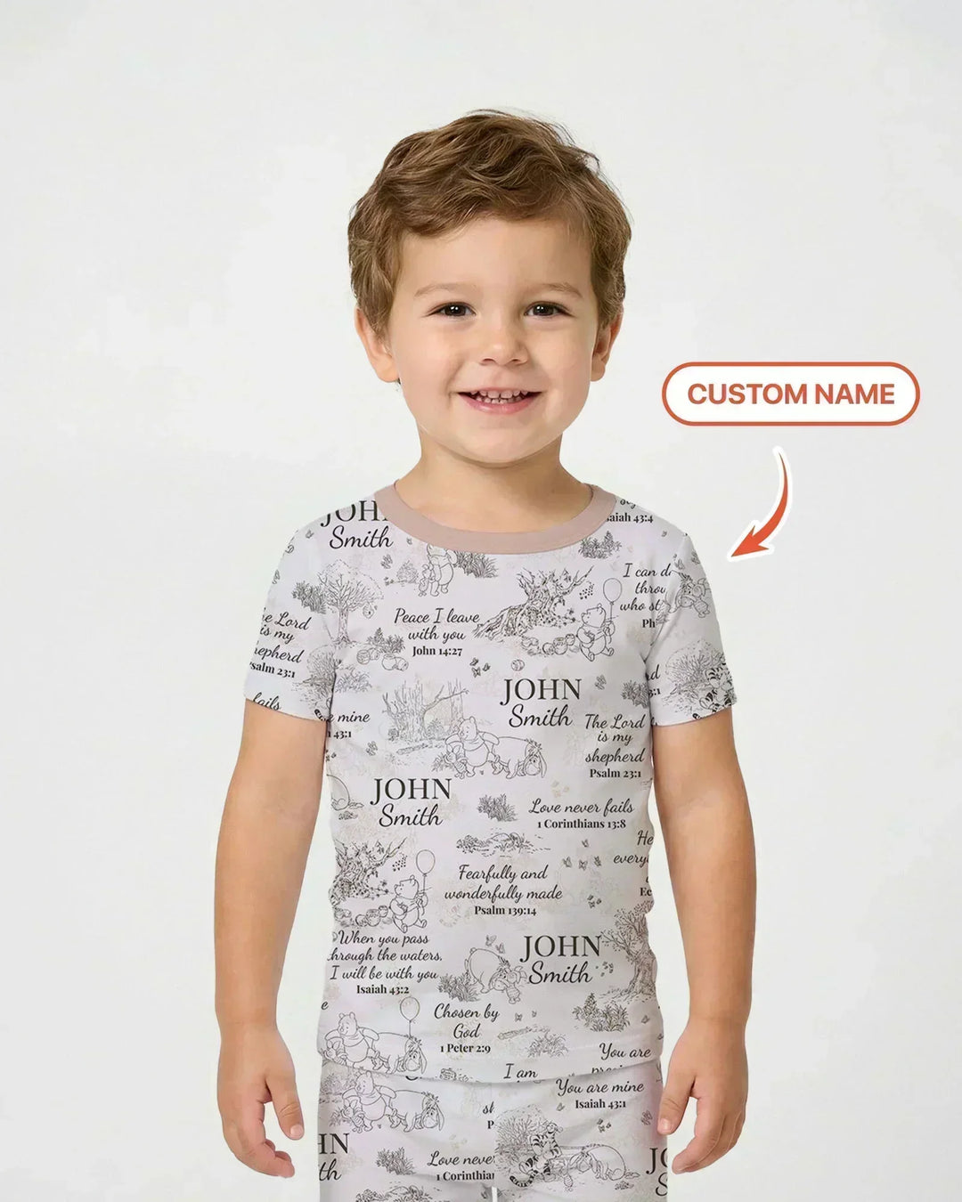 Pijama de manga corta de dos piezas de bambú con nombre personalizado y versículo bíblico clásico del oso