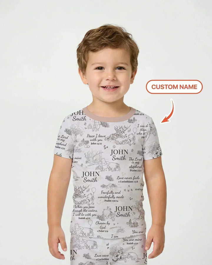 Pijama de manga corta de dos piezas de bambú con nombre personalizado y versículo bíblico clásico del oso