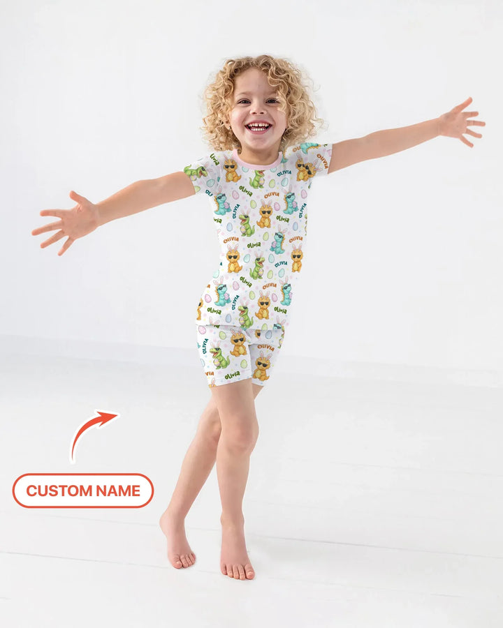 Custom Name Dinosaur on the Hunt Two Piece Short Sleeve Shorts Pajama Set