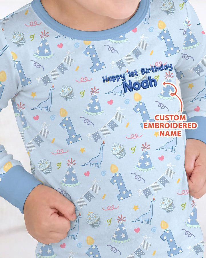 Conjunto de pijama de dos piezas de bambú bordado de manga larga para bebé con personalización de 1er cumpleaños para niño