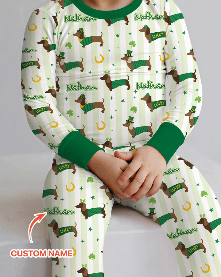 Lucky Dachshunds St. Patrick's Day Family Matching Two Piece Long Sleeve Pajama Set