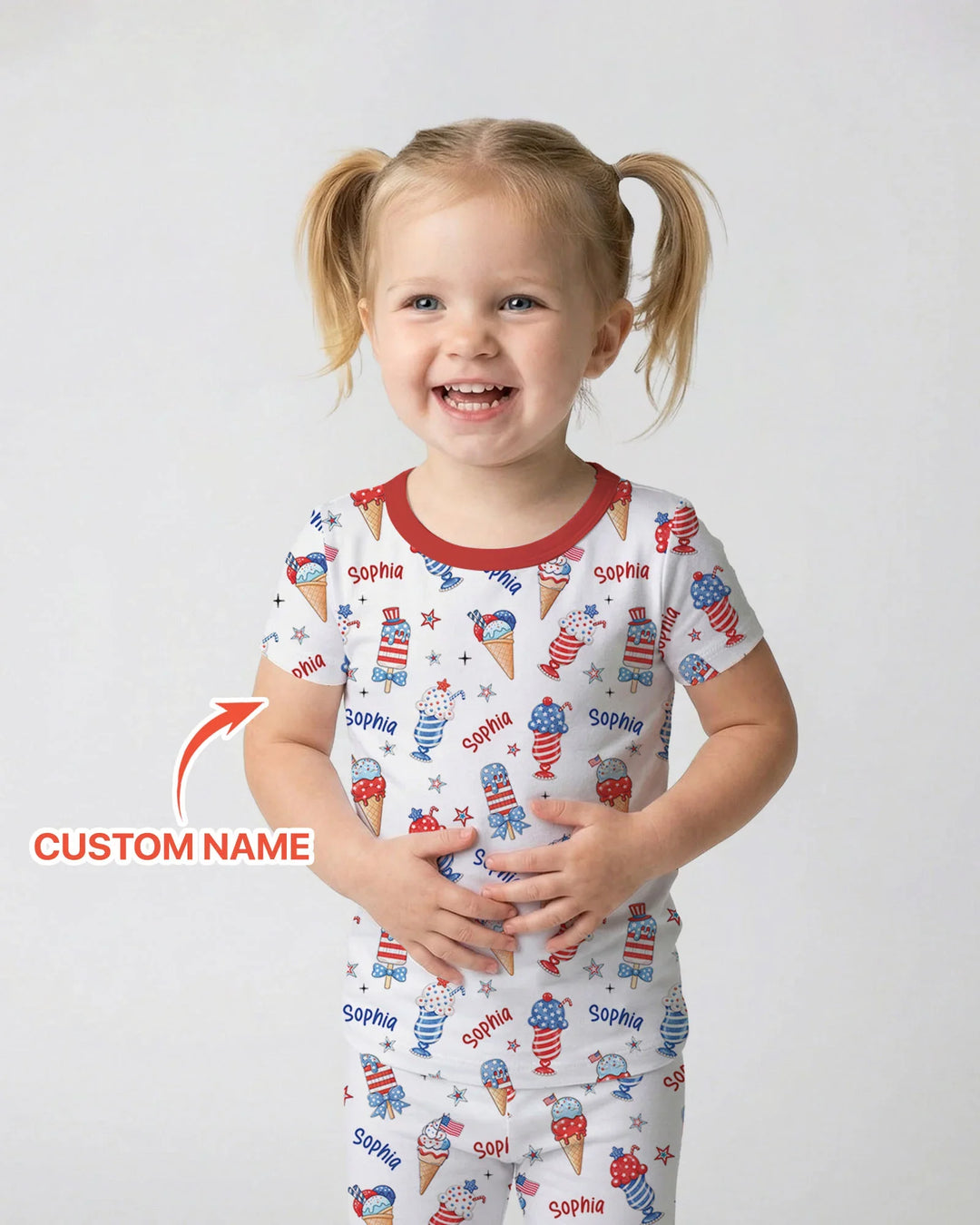 Custom Name Red, White & Ice Cream Bamboo Two Piece Short Sleeve Pajama Set