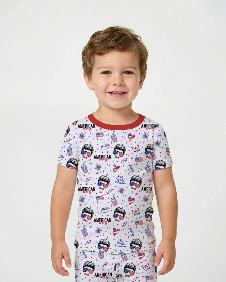 Doodle American Flag Glasses Family Matching Bamboo Two Piece Short Sleeve Pajama Set