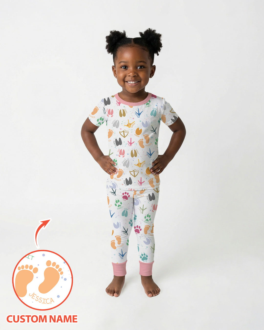 Cute Farm Animal Tracks Custom Name Bamboo Two Piece Short Sleeve Pajama Set