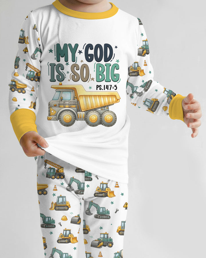 Construction Vehicles My God Is So Big Bamboo Two Piece Long Sleeve Pajama Set