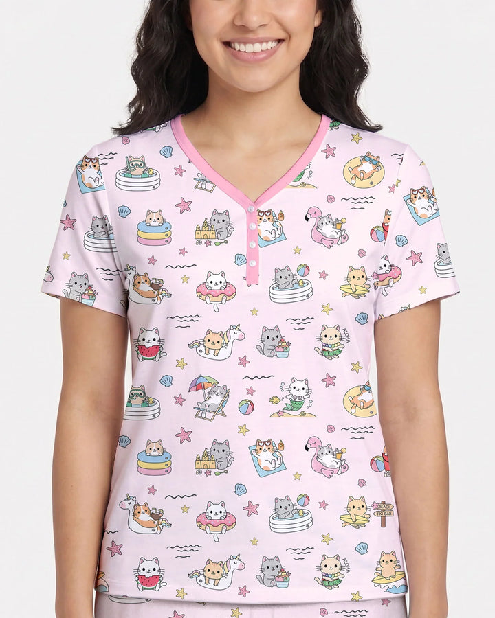 Kawaii Cats Summer Vacation Bamboo Women Short Sleeve Short Pajama Set