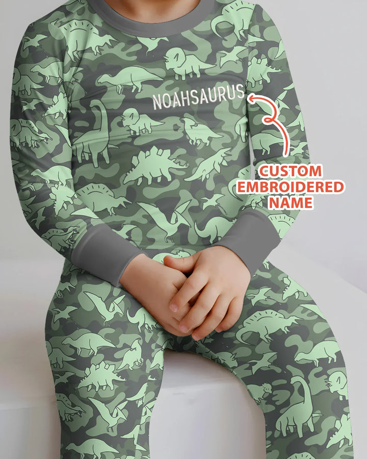 Custom Name Embroidered Matching With Dadasaurus Bamboo Two Piece Long Sleeve Pajama Set