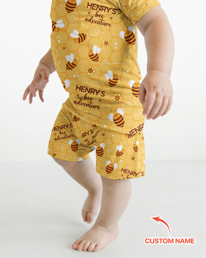 Custom Name Bee Back To School Bamboo Two Piece Short Sleeve Shorts Pajama Set