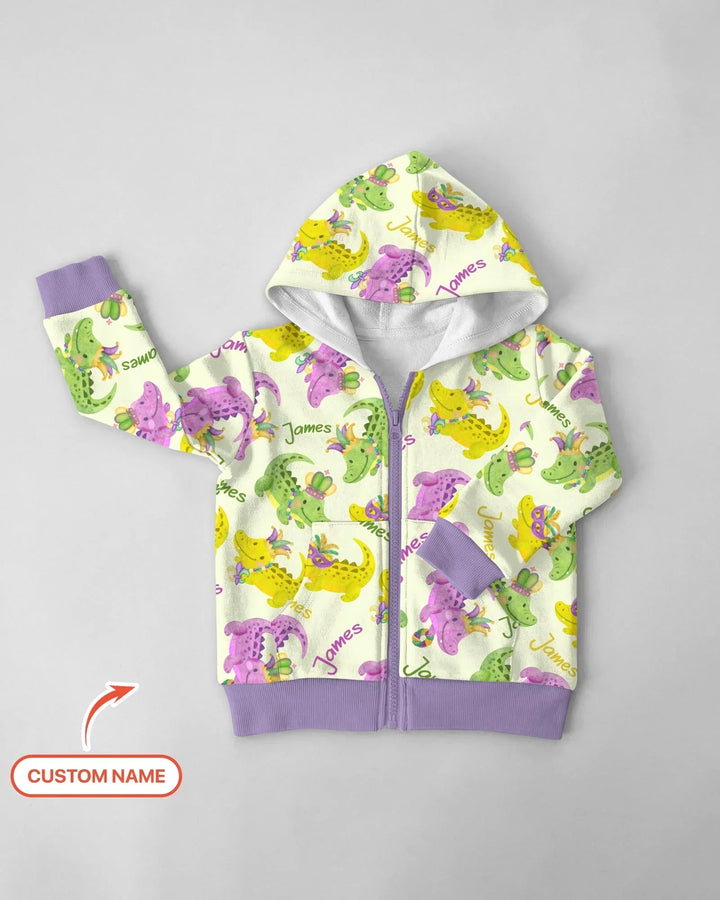 Custom Name Mardi Gras Alligator Bamboo Zip Hoodie