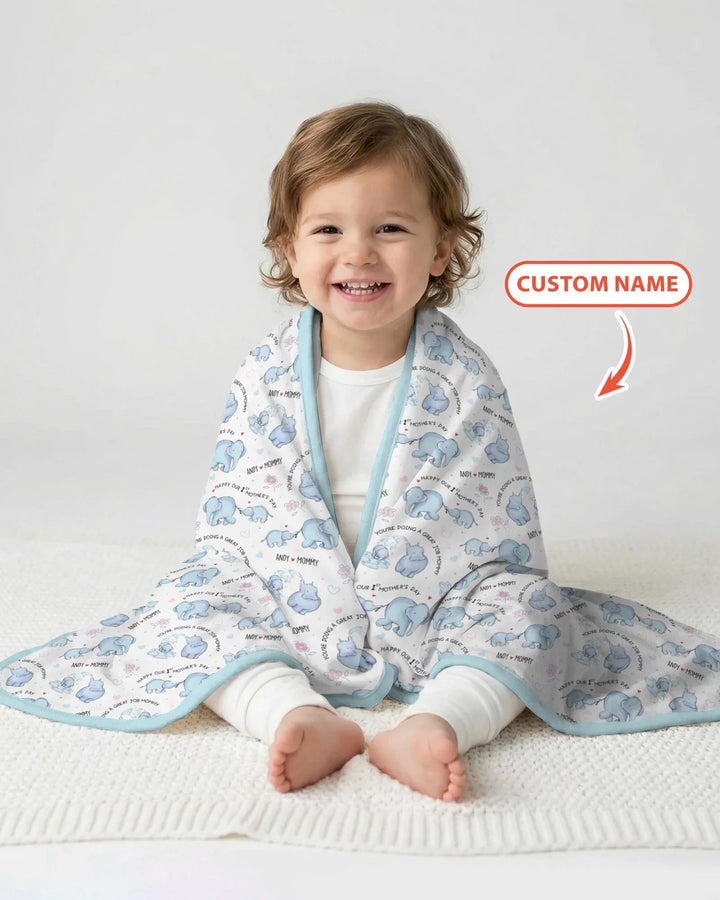 Custom Name Mother & Baby Elephant Blanket