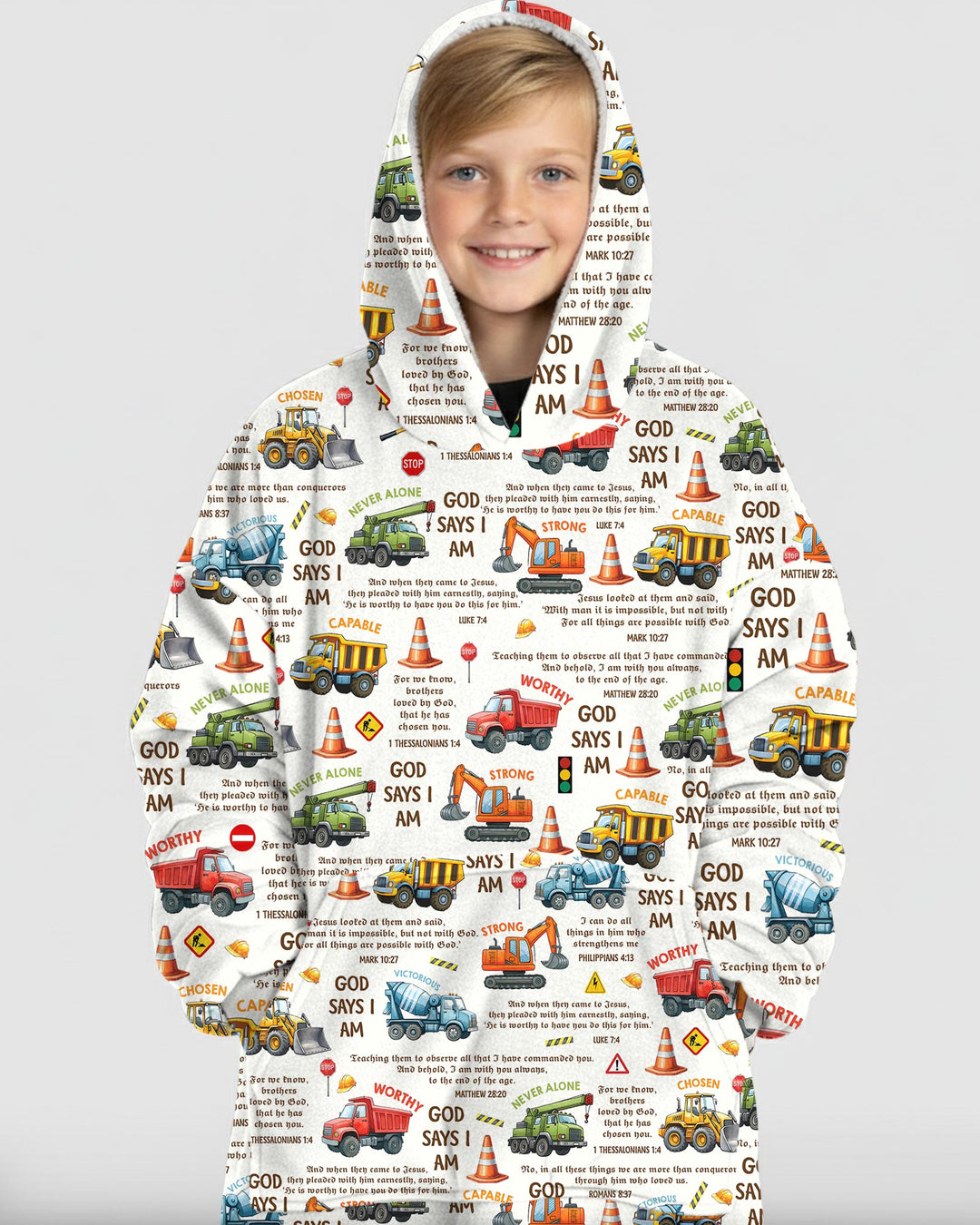 Bible Verse Construction Trucks  Wearable Blanket Hoodie