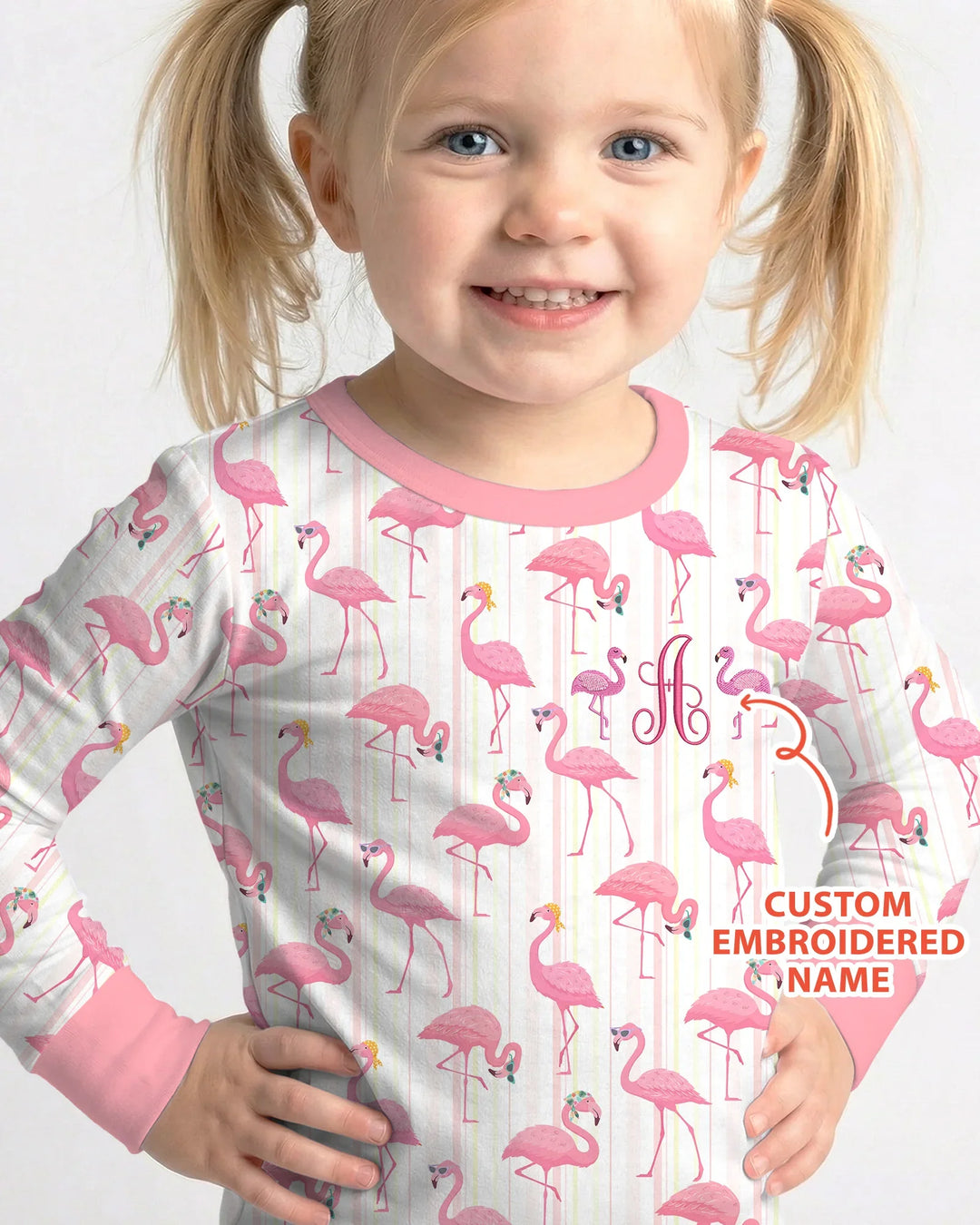 Custom Name Embroidered Flamingo Bamboo Two Piece Long Sleeve Pajama Set