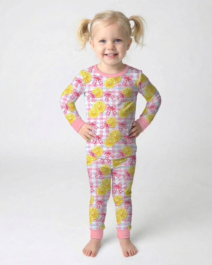 Pink Lemons Bows Checkered Bamboo Two Piece Long Sleeve Pajama Set