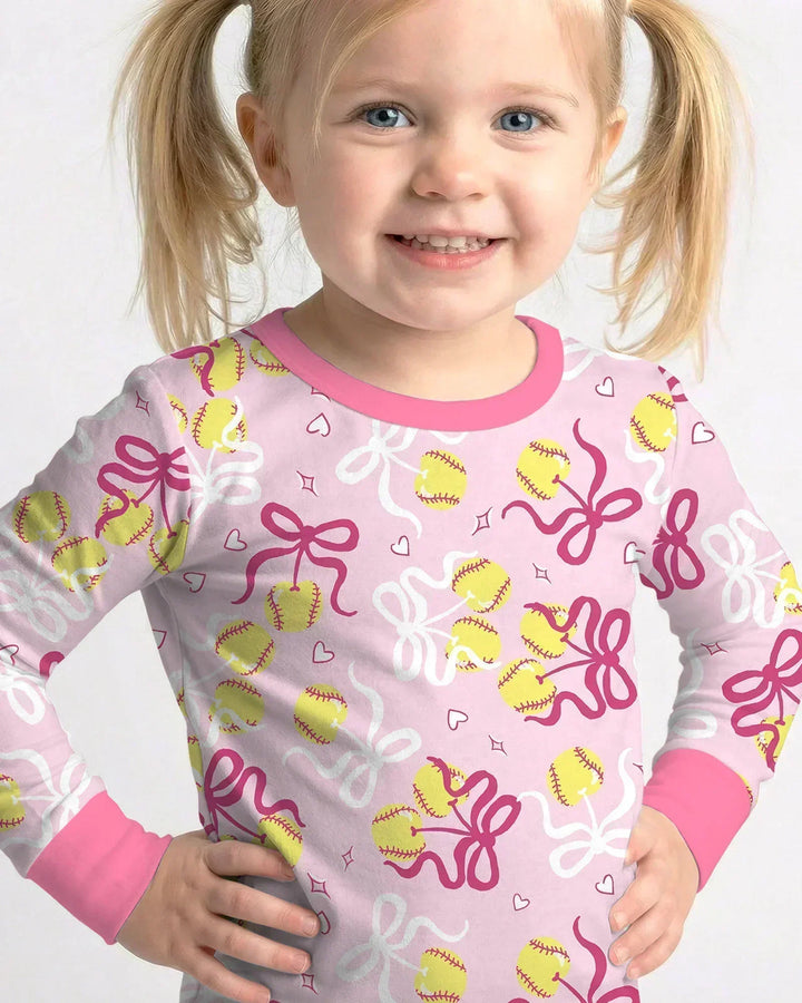 Softball Cherry Mom And Girl Matching Two Piece Long Sleeve Pajama Set