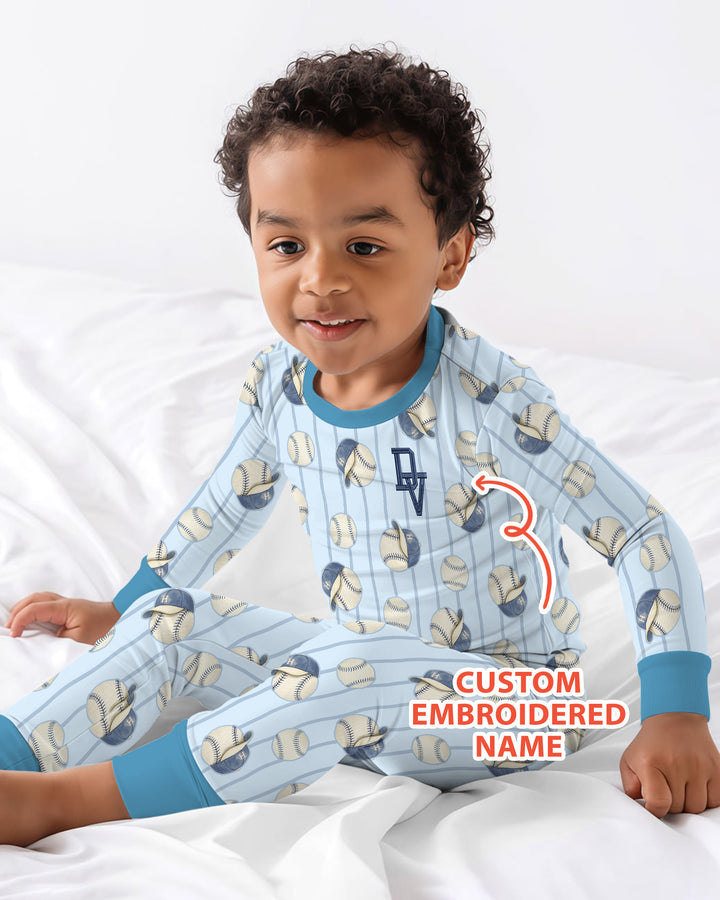 Custom Embroidered Baseball Bamboo Two Piece Long Sleeve Pajama Set