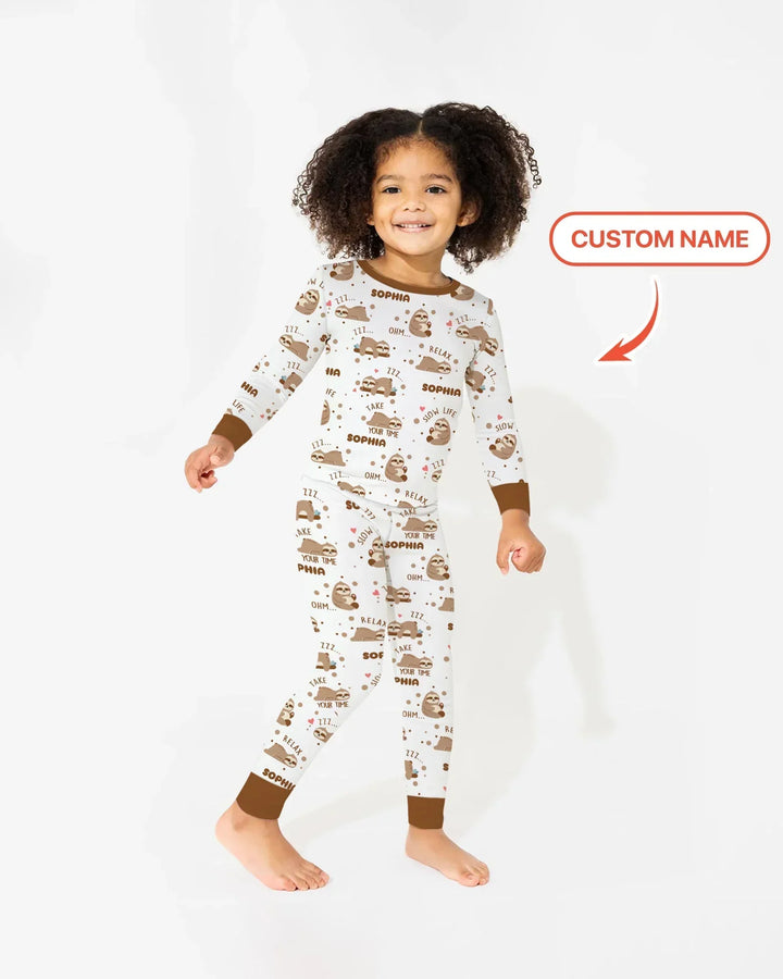 Custom Name Cute Sloth Two Piece Long Sleeve Pajama Set