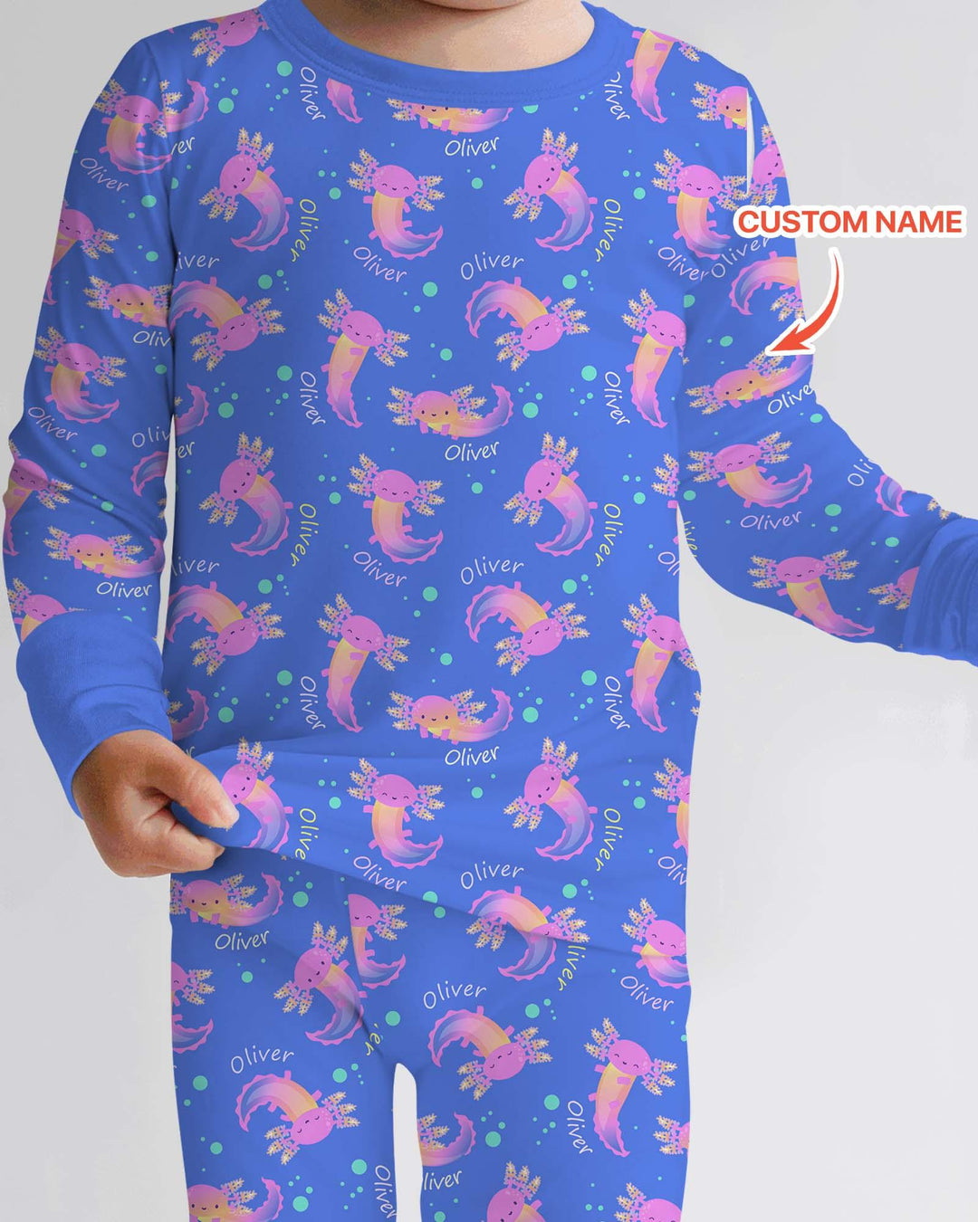 Pijama de dos piezas de manga larga de bambú con nombre personalizado y diseño de ajolote que brilla en la oscuridad
