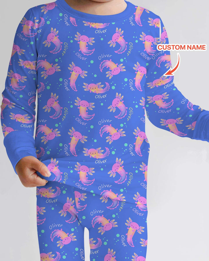 Pijama de dos piezas de manga larga de bambú con nombre personalizado y diseño de ajolote que brilla en la oscuridad
