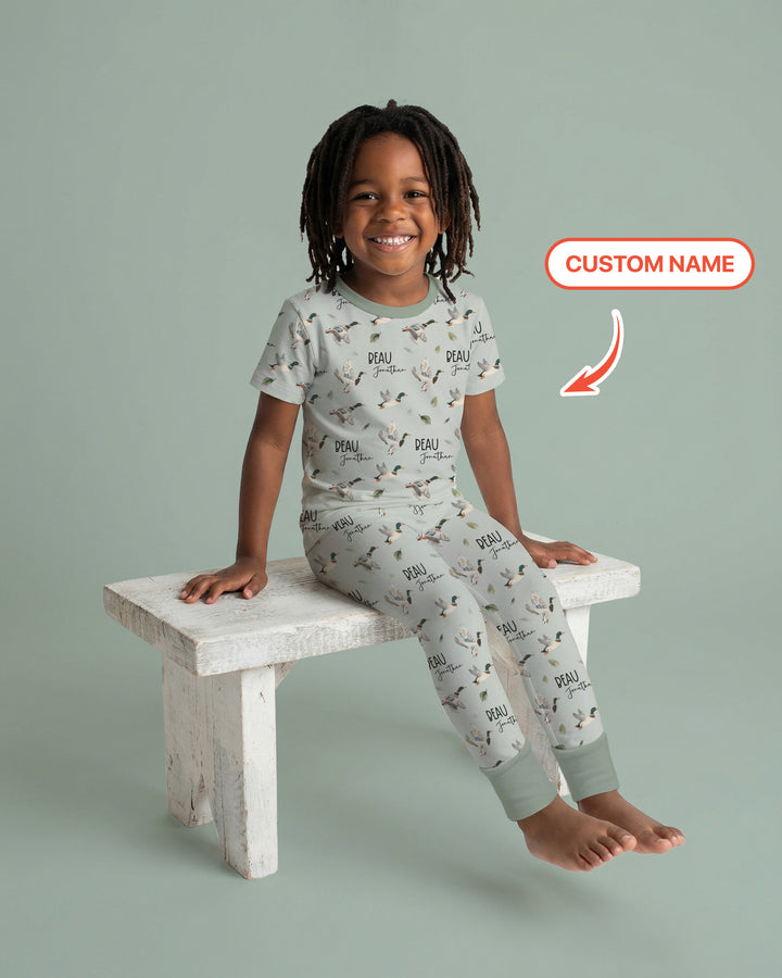 Custom Name Mallard Duck Two Piece Short Sleeve Pajama Set