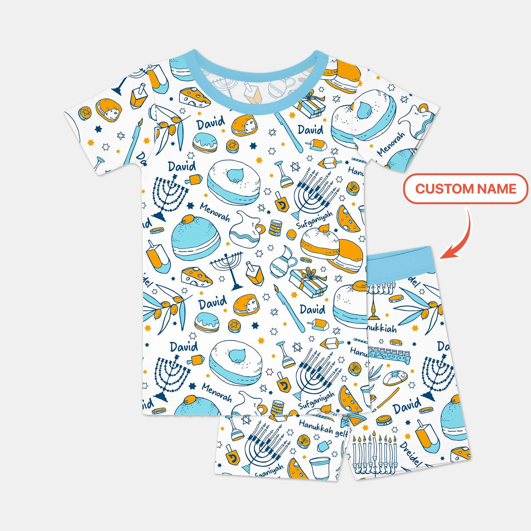 Happy Hanukkah Doodles Custom Name Family Matching Two Piece Short Sleeve Shorts Pajama Set