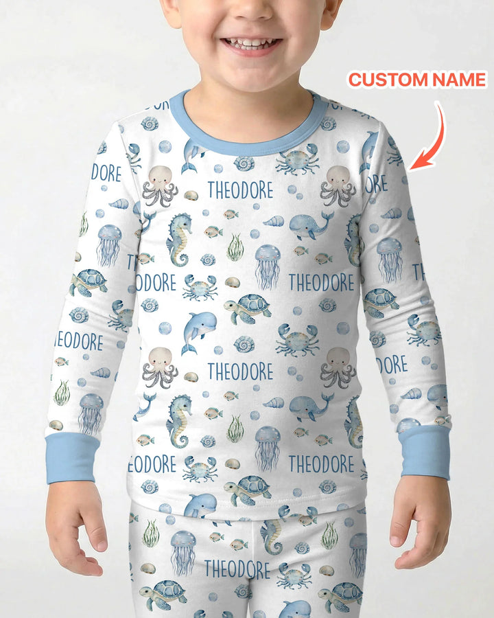 Custom Name Ocean Friends Bamboo Two Piece Long Sleeve Pajama Set