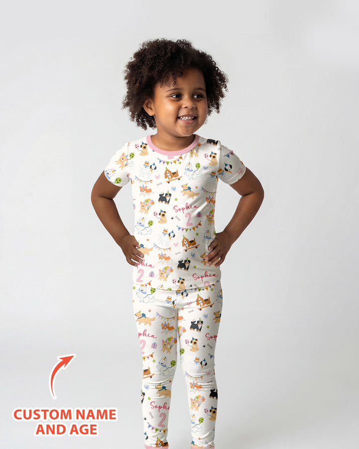 Custom Name Birthday Dogs Party Bamboo Two Piece Short Sleeve Pajama Set