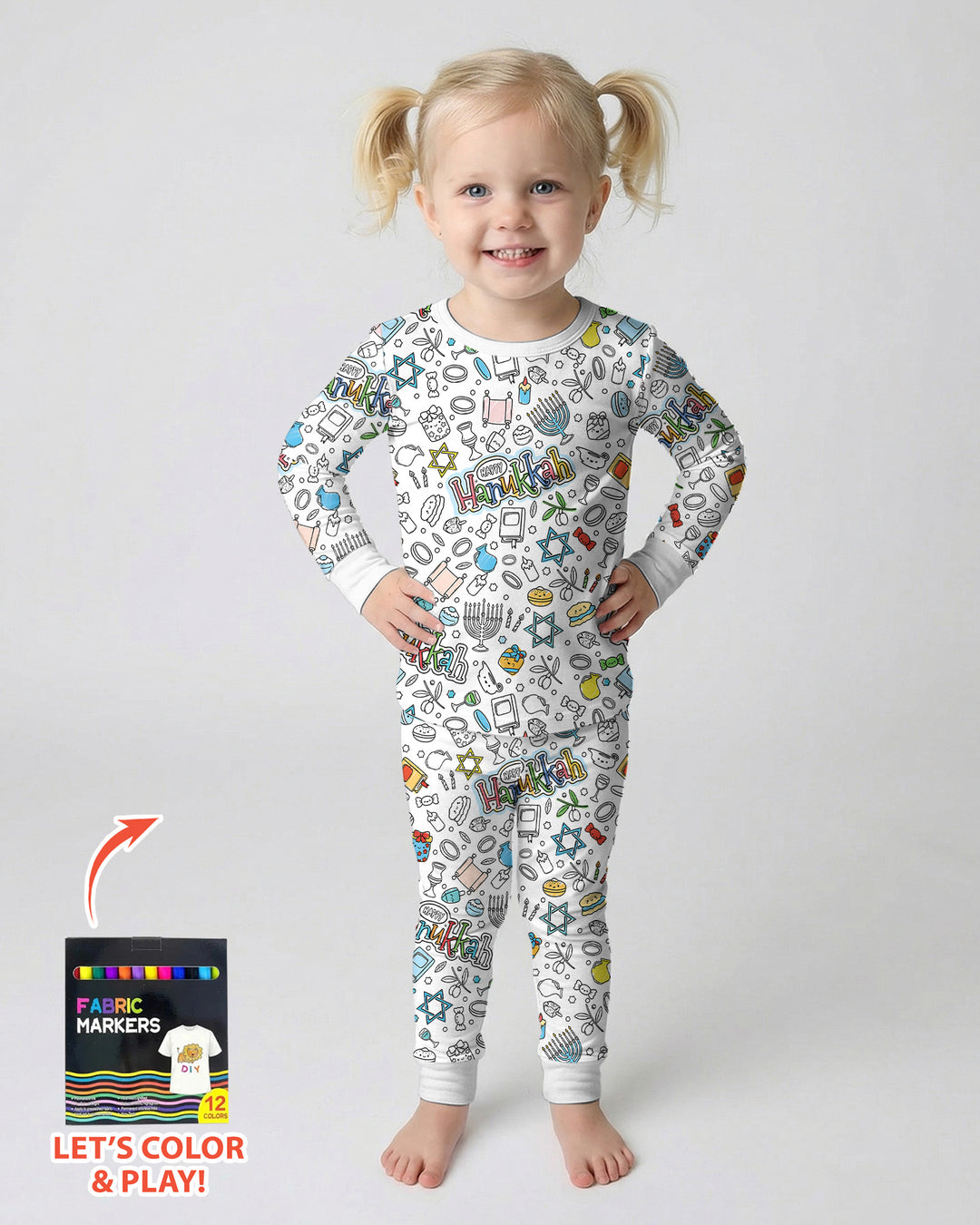 Happy Hanukkah Colorable Bamboo Two Piece Long Sleeve Pajama Set