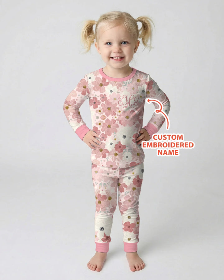 Pijama de dos piezas de manga larga de bambú floral con nombre bordado personalizado