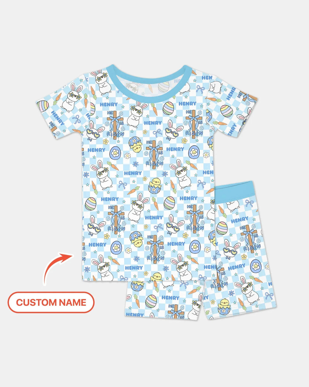 Custom Name Retro Easter Two Piece Short Sleeve Shorts Pajama Set