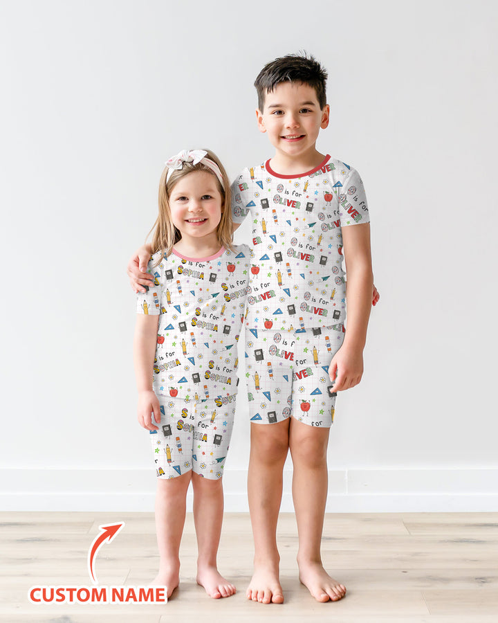 Personalized Back To School Bamboo Two Piece Short Sleeve Shorts Pajama Set